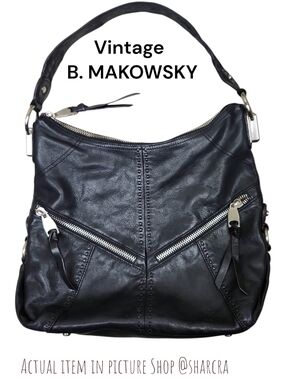 Vintage B. Makowsky Black Leather Hobo Bag Exterior Zips Chunky Silver Accents